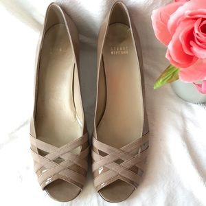 Stuart Weitzman beige peep toe wedge, extra narrow size/super slim